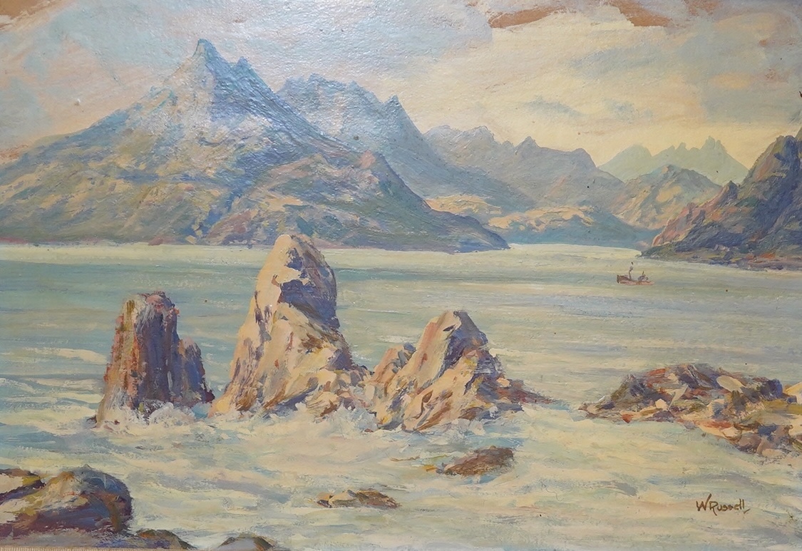 W. Russell, impressionist oil on board, Rocky coastal view, signed, together with another similar work on canvas, unsigned, largest 42 x 51cm. Condition - fair to good